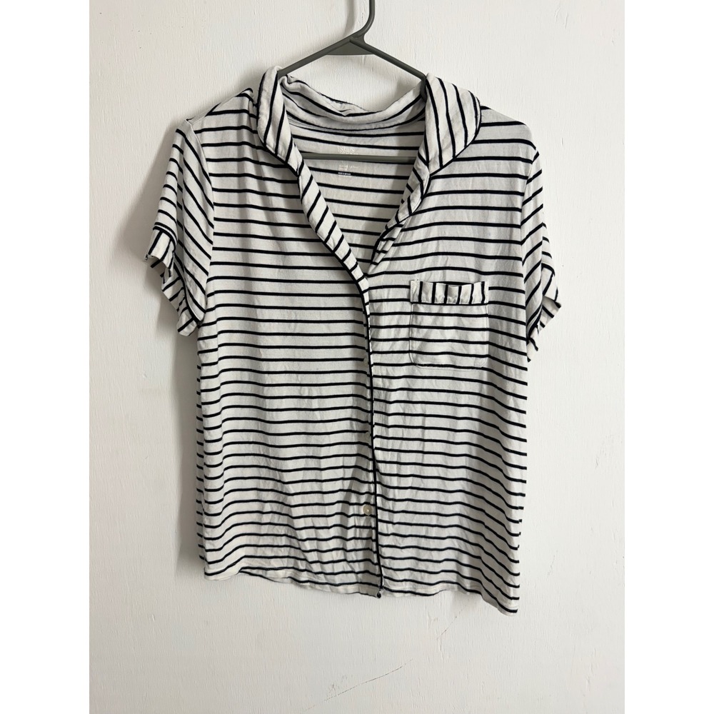 Stars Above Striped Pajama Top M Black White Short Sleeve Button Down Sleep
